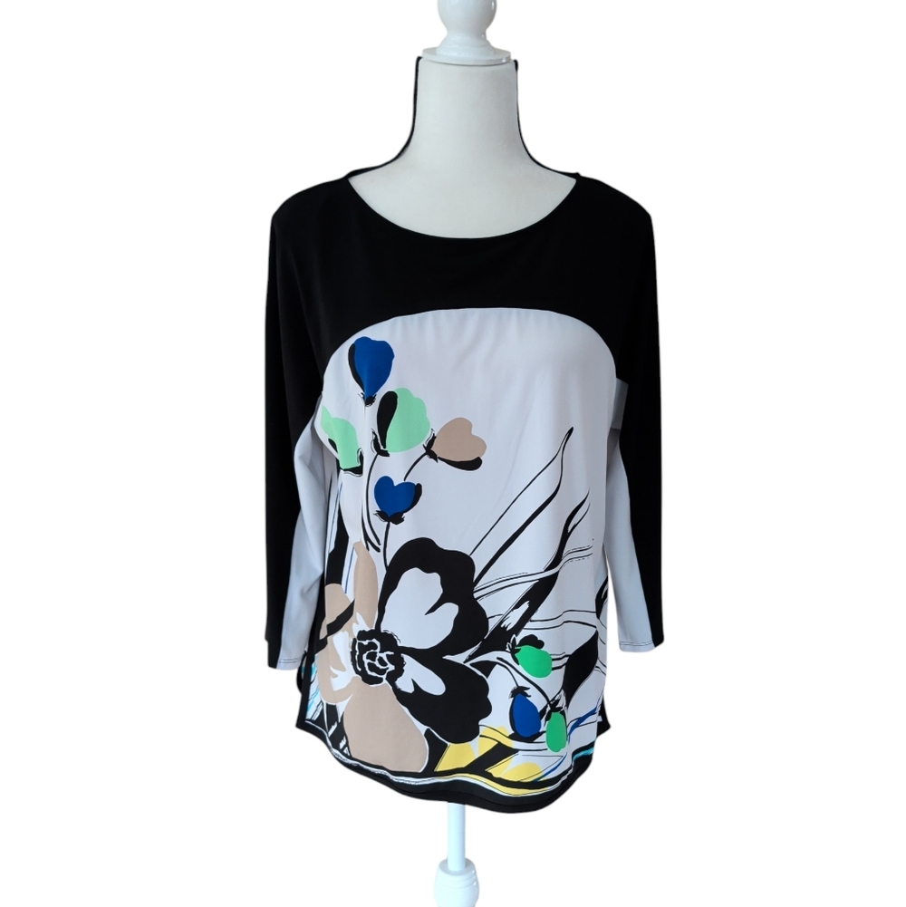 Dana Buchman Floral Hi-Low Tunic Top LARGE Black Blue